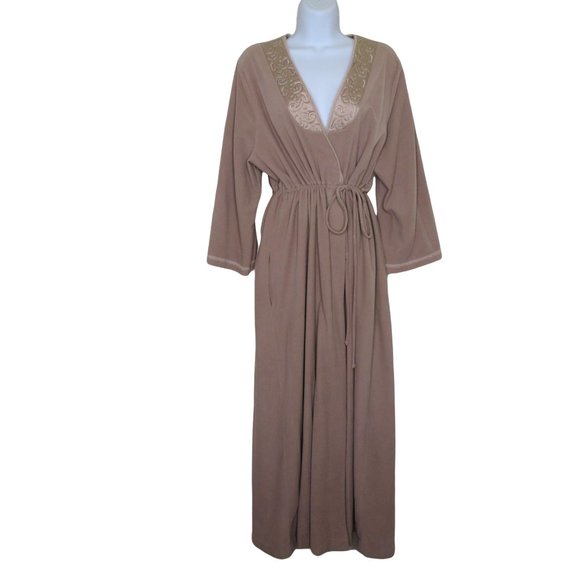 Vintage 70s Full Length Bath Robe M Brown Quilted Neckline Tie Waist USA Made - Picture 4 of 12